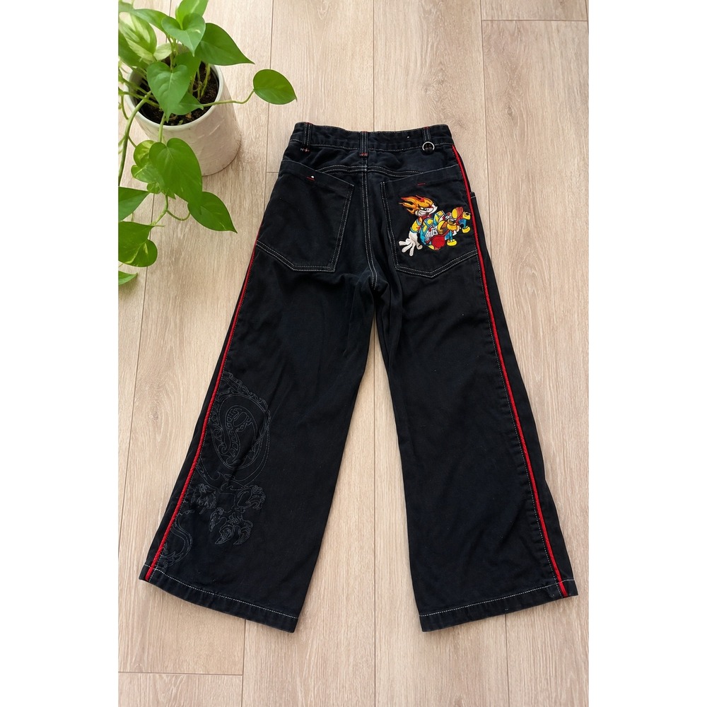 Vintage Flamehead Youth Black Denim Jeans Wide Leg Embroidered Y2K Skater Size 7